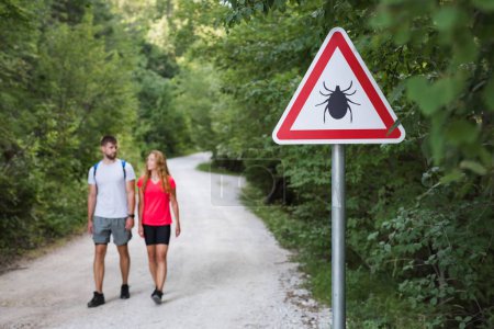 Two hikers, a man and a woman walking and looking at a tick warning sign on the forest tree. Summer, nature, and health risk concepts.