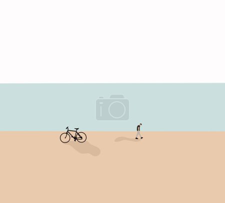 Téléchargez les photos : Homme et vélo à la plage sur ciel bleu. Vue sur la mer dans une journée ensoleillée d'été sur la plage. - en image libre de droit