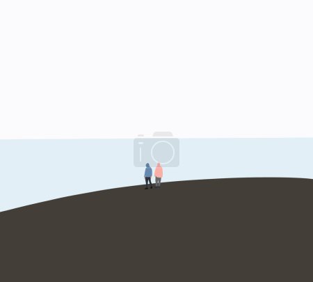 Téléchargez les photos : Deux hommes en tissu à capuche debout et regardant la mer dans une tristesse solitaire. Concept minimal. Concept nature et beauté. Vacances en mer. - en image libre de droit