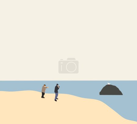 Mann fotografiert weißen Vogel am Strand. Der Tourist beim Fotografieren von Meerblick und Möwenvögeln Sommertag, klarer blauer Himmel.