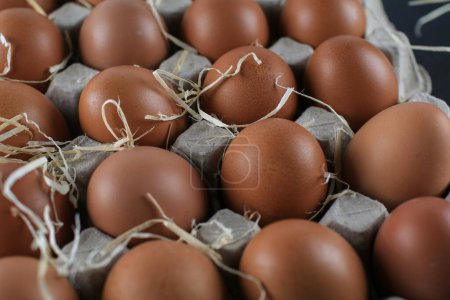 Ei in Eierkartonverpackung aus recyceltem Altpapier auf schwarzem Hintergrund. Bio-Hühnereier. Frohe Ostern.
