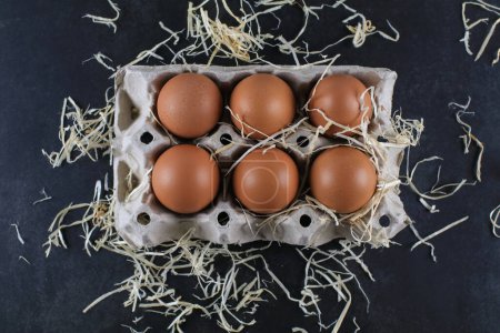 Egg in egg cardboard package made of recycled waste paper on black background. Organic chicken eggs. Happy Easter.