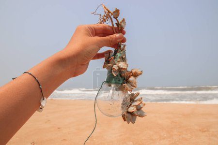 Foto de Mujer sosteniendo concha decorativa en la mano en la orilla del mar, primer plano - Imagen libre de derechos