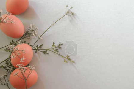 Foto de Composición de Pascua con huevos blancos sobre un fondo rosa, vista superior - Imagen libre de derechos