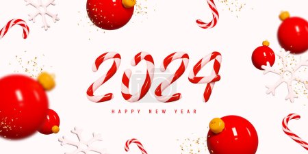 2024 Frohes Neues Jahr. 3D-Bonbonnummer 2024 auf rosa Hintergrund mit Plastikkugeln, Schneeflocken, Zuckerstangen und goldenem Konfetti. Neujahrsfest. Vektorillustration.