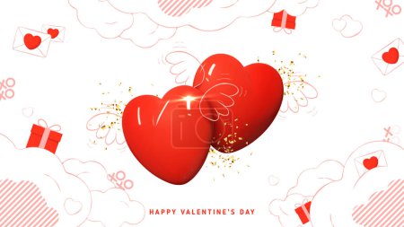 Valentine's Day holiday card. Modern mixed style vector illustration with 3d and 2d elements. Realistic 3d flying couple of heart with hand drawn wings, clouds, gift boxes and envelopes.