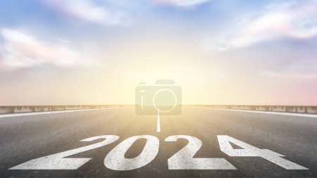 Number 2024 written on empty road. Concept of New 2024 Year. Concept of planning, tasks, opportunities, hope and life change symbol in New 2024 Year. Vector illustration of straight asphalt highway.