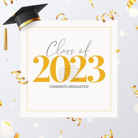 Illustration for Banner for design of graduation 2023. Graduation cap, golden confetti and serpentine. Congratulations graduates of 2023. Vector illustration for decoration of degree ceremony in social media. - Royalty Free Image