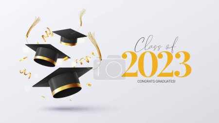 Illustration for Banner for design of graduation 2023. Graduation caps, golden confetti and serpentine. Congratulations graduates of 2023. Vector illustration for decoration of degree ceremony in social media. - Royalty Free Image