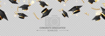 Illustration for Template for decorative design of graduation. 3d graduation caps, golden confetti and serpentine on checkered background. Seamless vector illustration for decoration social media, banners, posters. - Royalty Free Image