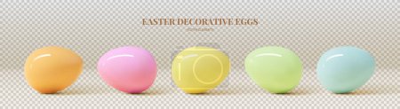 Ilustración de Set of eggs isolated on checkered background. Realistic 3d colorful eggs. Vector illustration with 3d decorative objects for Easter design. Spring holiday symbols. - Imagen libre de derechos