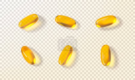 Illustration for Set of golden oil capsules. Vector illustration with realistic softgels with fish oil, omega 3 or vitamin E, A. Golden transparent capsules isolated on checkered background. Dietary supplement. - Royalty Free Image