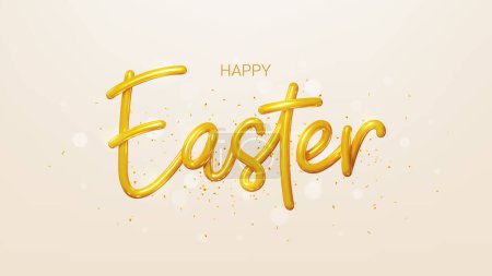 Easter greeting banner template. Vector holiday illustration with realistic golden 3d lettering and falling confetti. Realistic 3d golden symbol of Easter. Happy Easter.