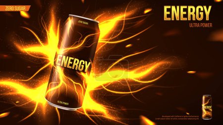 Illustration for Energy drink ads background. Vector illustration with energy drink can, bright abstract energy lightnings. Realistic 3d illustration. - Royalty Free Image