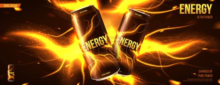 Illustration for Energy drink ads banner. Vector illustration with energy drink cans, bright abstract energy lightnings. Realistic 3d illustration. - Royalty Free Image