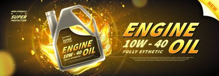 Engine oil advertisement background. Vector illustration with realistic canister and motor oil on bright background. 3d ads template.