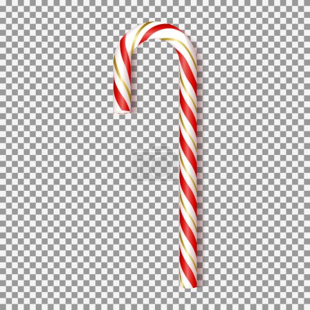 Realistic Xmas candy cane isolated on transparent backdrop. Vector illustration with red and gold sweet for greeting card on Christmas and New Year.