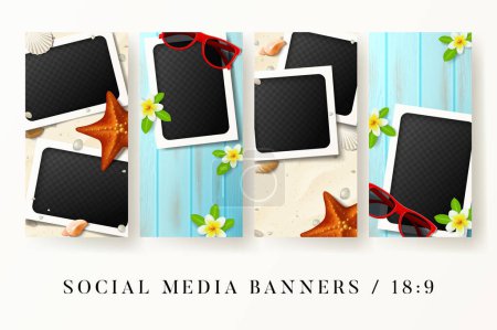 Illustration for Set of social media banners. Vector illustration social medai posts with blank photo frames on beach sand and wooden texture. Summer cards with seashells and tropical flowers. Mockup templates. - Royalty Free Image