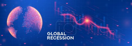 Illustration for Global recession banner concept. Background concept with falling stock charts and financial diagrams. Vector illustration with 3d world globe on blue background. - Royalty Free Image