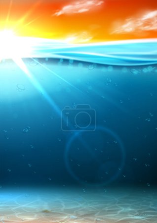 Téléchargez les illustrations : Été bannière de mer avec lever de soleil. Illustration vectorielle avec scène sous-marine profonde avec coquillages sur fond sablonneux. Paysage marin réaliste avec coucher ou lever du soleil. - en licence libre de droit
