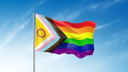 Schwingende intersexuelle inklusive Stolz Flagge Vorlage. LGBTQ Progress Pride Flagge weht im Wind am bewölkten Himmel. Banner oder Poster für Veranstaltungen des Pride Month. Toleranz und Freiheitsbegriff.Vektorillustration.