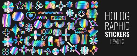 Illustration for Set of holographic retro futuristic stickers. Vector illustration with iridescent foil adhesive film with symbols and objects in y2k style. Holographic futuristic stars, starburst, simple shapes. - Royalty Free Image