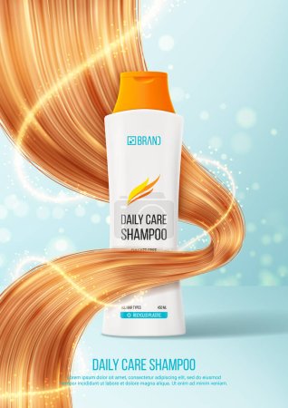 Promo poster of hair shampoo or conditioner. 3d vector illustration of cosmetic product. Realistic bottle and hair strands for promotion of female shampoo. Beauty product advertising.