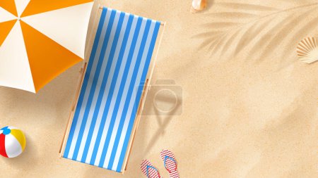 Illustration for Sunscreen ad banner template. Banner with tube of sunscreen on beach chair on sand with seashells, flip flops, beach umbrella and ball. Vector 3d ad illustration for promotion of summer goods. - Royalty Free Image