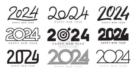 Set of Happy New Year 2024 logos design. Vector illustration with black numbers 2024 isolated on white background. New Year holiday logos template. Collection of 2024 happy new year symbols