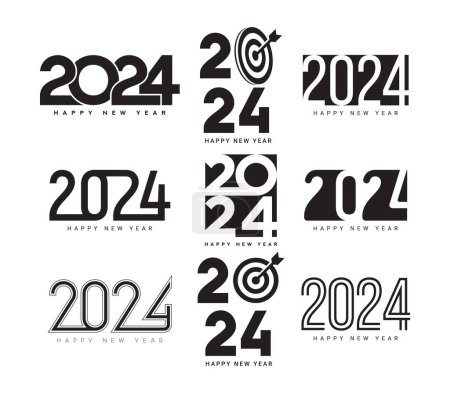 Set von Happy New Year 2024 Symbolen. Vektorillustration mit schwarzen Zahlen 2024 isoliert auf weißem Hintergrund. Vorlage für Logos zum Neujahrsfest. Kollektion von Happy New Year 2024 Logos Design.