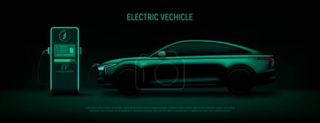 Banner with EV car at charging station. Vector illustration with green silhouette of electric car and charging station. Eco-friendly sustainable energy concept. Banner with modern hybrid auto.