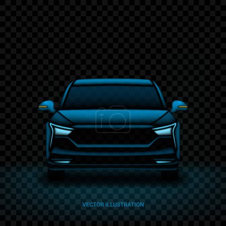 Realistische Auto-Silhouette-Vorlage. Vektor-Illustration mit Frontansicht auf Silhouette des Autos isoliert auf schwarzem, dunkel kariertem Hintergrund.