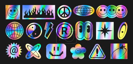 Illustration for Set of holographic retro futuristic stickers. Vector illustration with iridescent foil adhesive film with symbols and objects in y2k style. Glued holographic crumpled labels with grunge effect. - Royalty Free Image