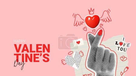 Illustration for Retro banner for Valentines day. Vector illustration with halftone hand shows heart sign. Vintage collage with cut out symbols of Valentines day. Hand gesture with halftone effect. - Royalty Free Image