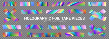 Satz holografische Folienbandstücke. Vektor-Illustration mit 3D-realistischen irisierenden regenbogenfarbenen Klebebändern. Kanalband mit glänzend metallischem Effekt. Regenbogenfaltige Streifen für Collage.
