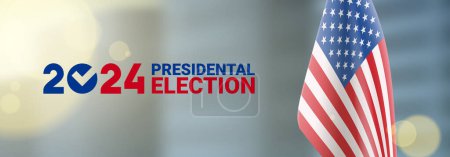 2024 presidential election horizontal banner. USA flag stands on blurred background of city. Vote day, November 5. Vector illustration for US Election 2024 campaign. USA presidential election 2024.