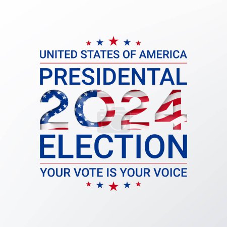 US presidential election 2024 logo. Template of typography symbol of USA election voting. Vector illustration. US Election 2024 campaign. Vote day, November 5. Paper cutout effect with USA flag.