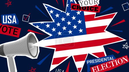 Collage for US presidential election. Vector banner with halftone loudspeaker calling to USA election voting. Collage for US Election 2024 campaign. Vote day, November 5.