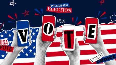 Banner for 2024 US presidential election. Vector banner with halftone hands holding phones and calling to USA election voting. Collage for US Election 2024 campaign. Vote day, November 5.