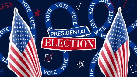 Promo banner for 2024 US presidential election. Vector banner with USA flags and collage items for decoration USA presidential election. Collage for US Election 2024 campaign. Vote day, November 5.