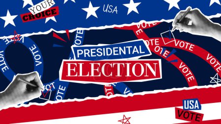 Promo collage for 2024 presidential election. Vector banner with USA flags and halftone hands tick voting form. Collage for US Election 2024 campaign. Vote day, November 5.