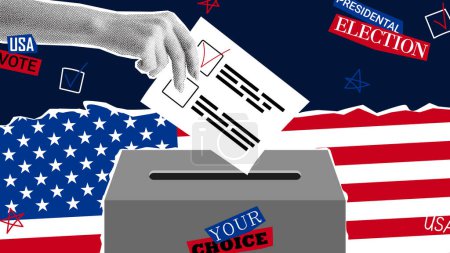 Presidential election promo collage. Vector banner with USA flags and halftone hand putting ballot in voting box. Collage for US Election 2024 campaign. Vote day, November 5.