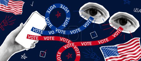 Banner for US presidential election. Vector banner with halftone hand holding phone and halftone eyes. Collage for US Election 2024 campaign. Vote day, November 5.