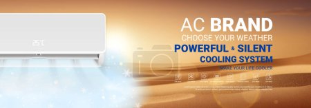 Horizontal ad banner of air conditioner. Realistic vector illustration with air conditioner with cooling air in hot desert. Modern split system climate control for home. Product mockup concept.