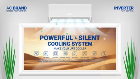 Promo banner of air conditioner. Realistic vector illustration with air conditioner in room with window and hot desert outside. Modern split system climate control for home. Product mockup concept.