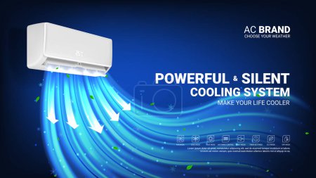 Ad banner of air conditioner. Realistic vector illustration with air conditioner with cold fresh air wind wave with leaves. Modern split system climate control for home. Product mockup concept.