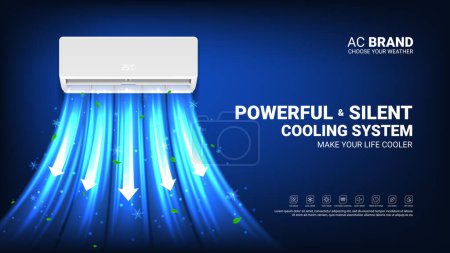 Modern ad banner of air conditioner. Realistic vector illustration with air conditioner with cold fresh air wind wave with leaves. Modern split system climate control for home. Product mockup concept.
