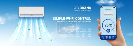 Air conditioner ad template. Concept of ac with wi-fi remote control. Vector illustration with air conditioner and woman's hand holding phone with app for remote control of air conditioner.