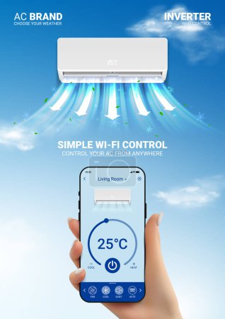 Ad poster of air conditioner. Concept of ac with wi-fi remote control. Vector illustration with air conditioner and woman's hand holding phone with app for remote control of air conditioner.