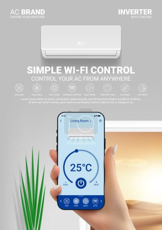 Ad flyer of air conditioner. Concept of ac with wi-fi remote control. Vector illustration with air conditioner on wall and woman's hand holding phone with app for remote control of air conditioner.